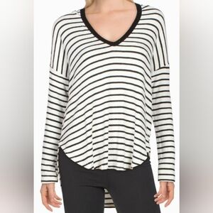 NWOT Anthropologie Maronie  Hi-Low Hooded Pullover Top Black White Stripe Size S